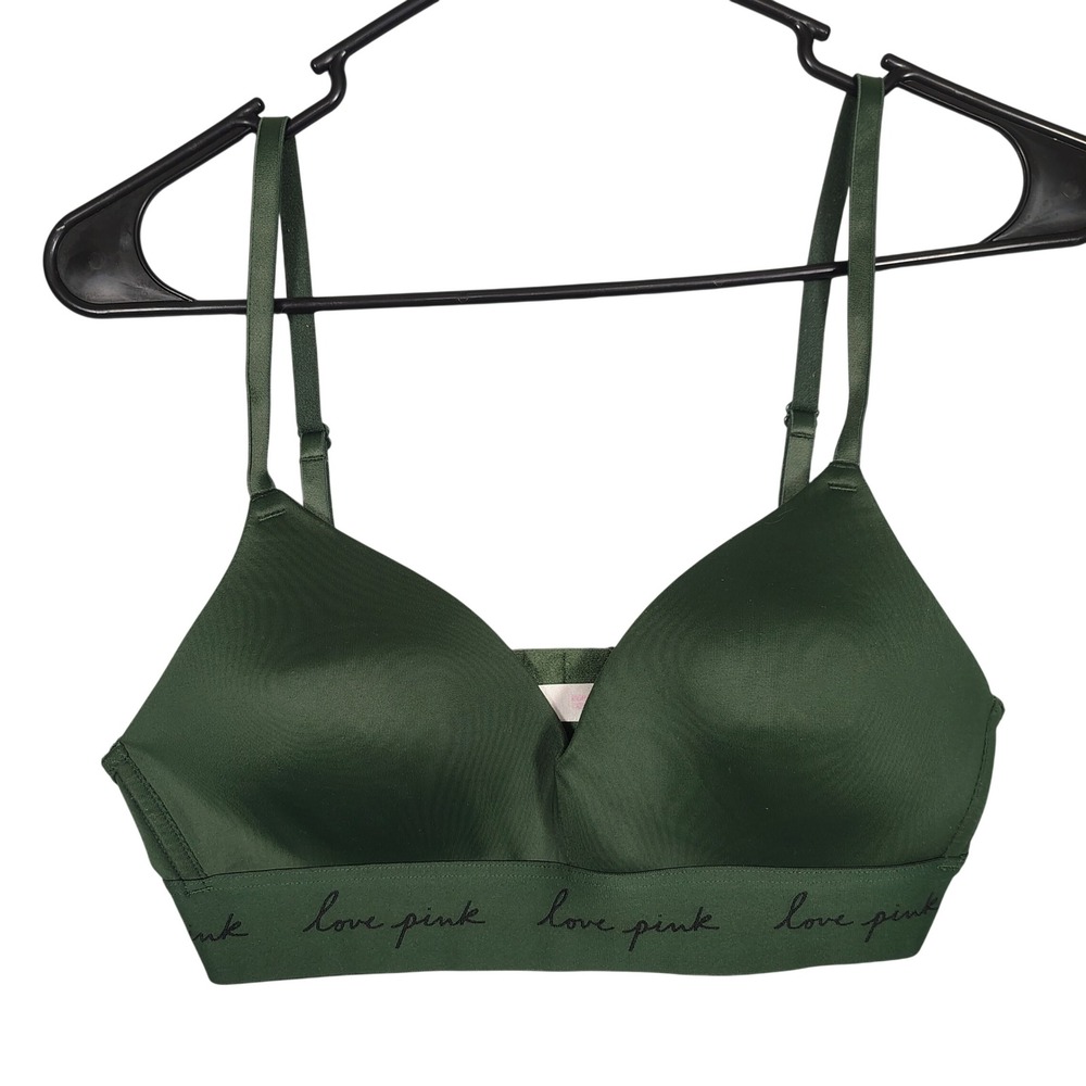 PINK Victoria's Secret Wireless Bra Women 34B Green Logo Band  Lined Nylon